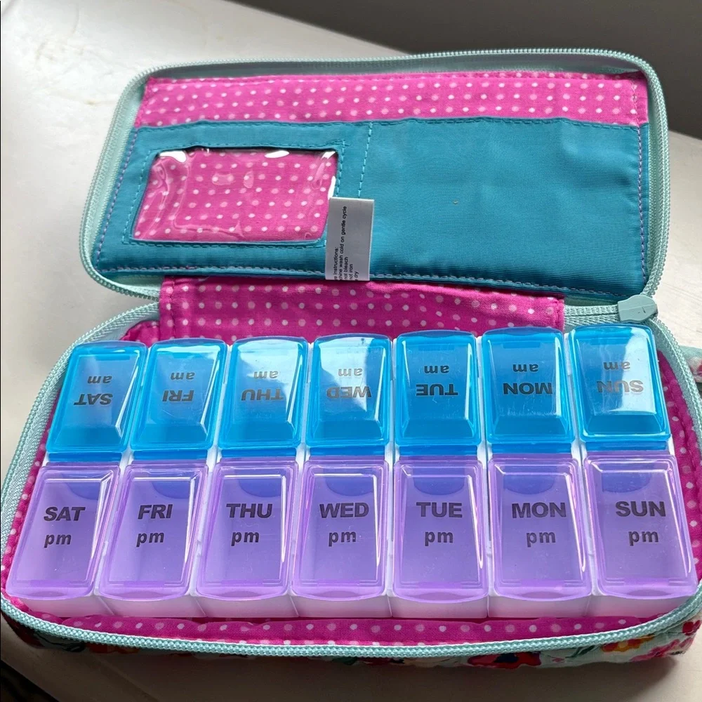 7-Day Weekly AM/PM Pill Organizer in Watercolor Quilted Zipper Case